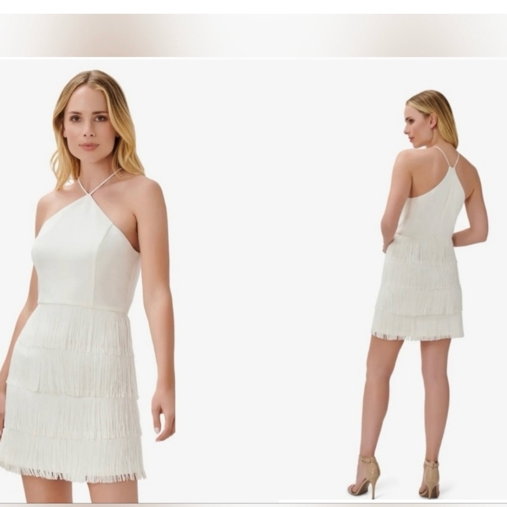 Aiden Mattox Ivory Halter Dress with Fringe Skirt